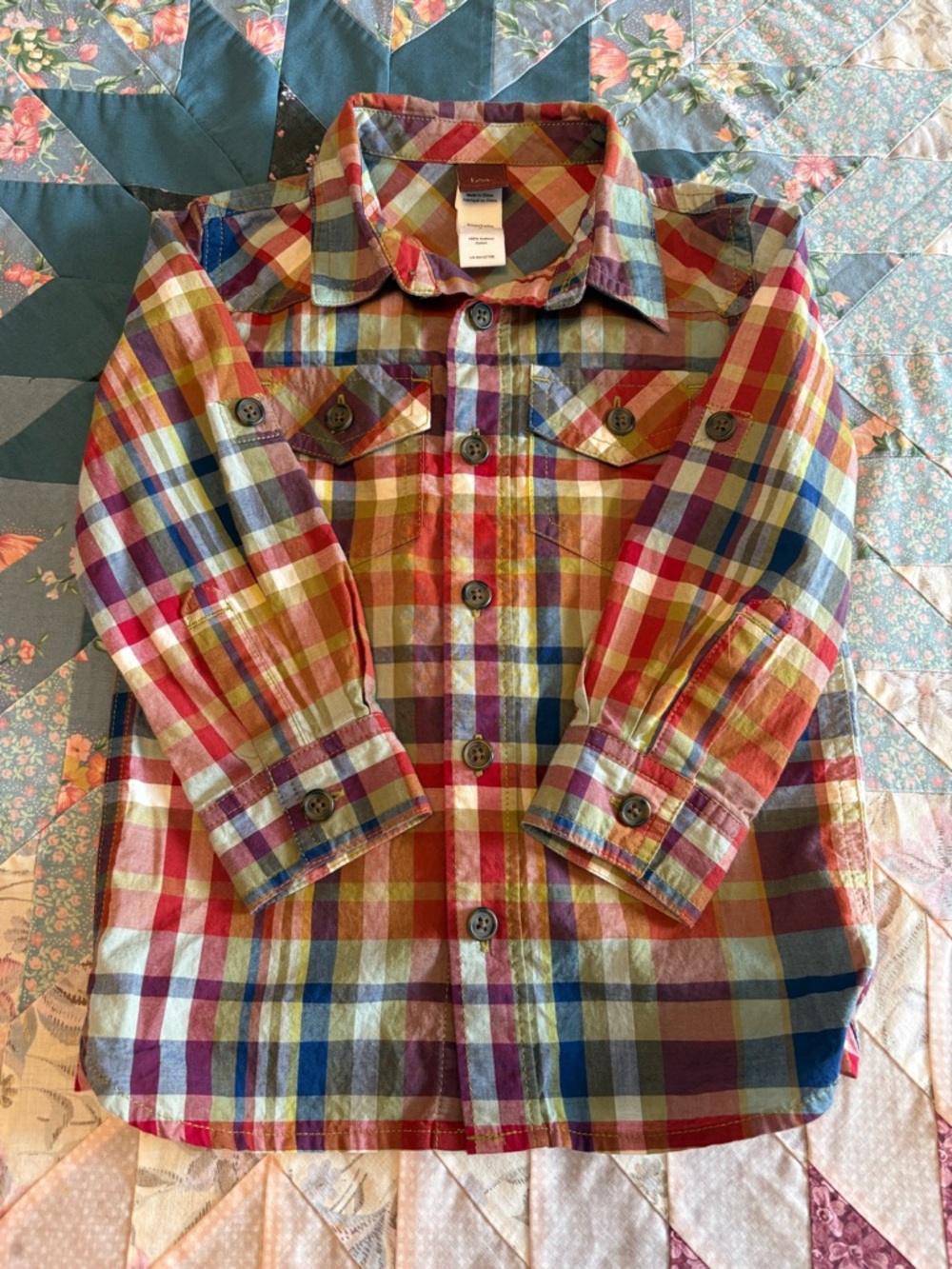 Tea Children's Plaid Button-Up Shirt in Red, Blue & Yellow